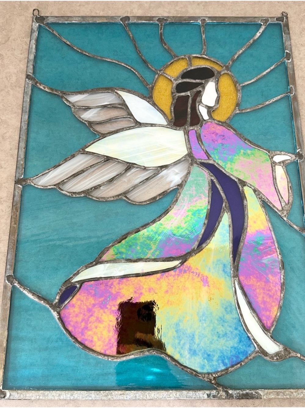 Stained Glass Angel Window Panel in Burgundy, White, Blue, Yellow 19 x 14 inches - Picture 11 of 14